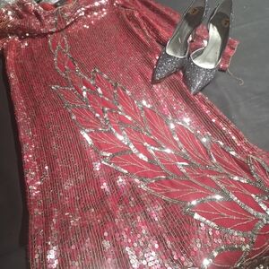 Red Sequin Dress with Silver Glitter Heels